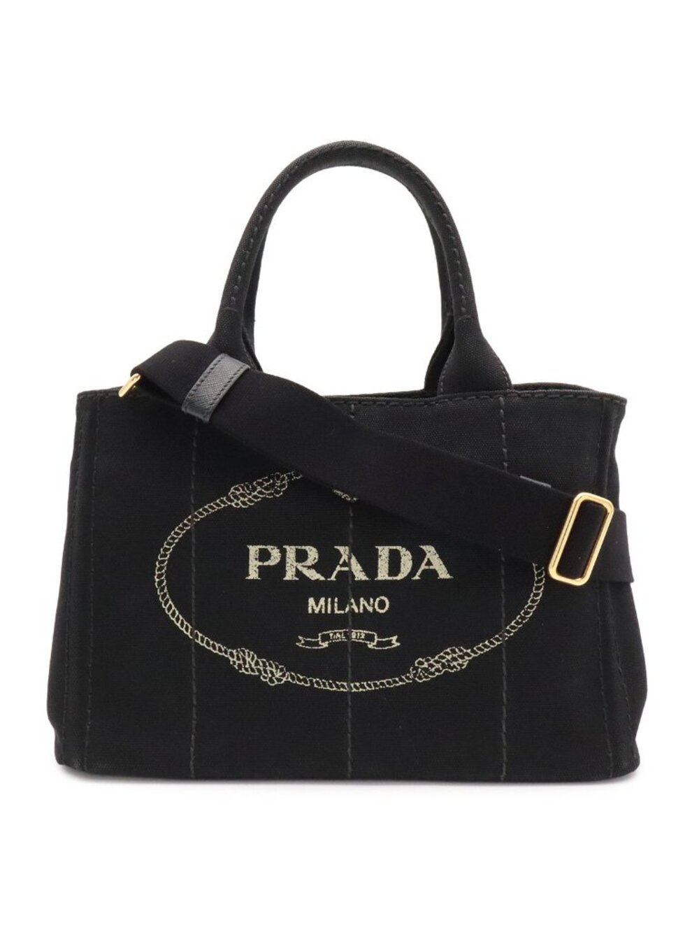 Prada Canapa Tote 2-Way Shoulder Bag Canvas Nero Black Gold